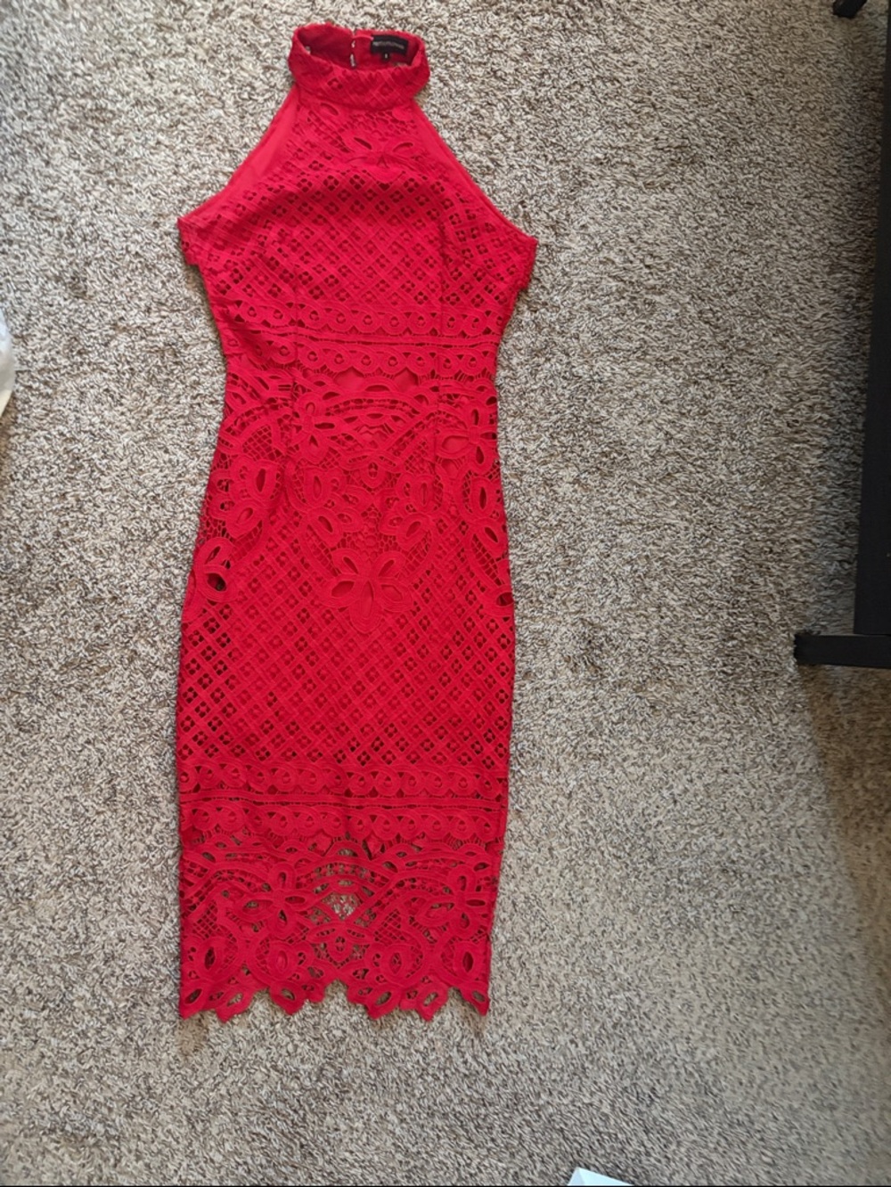 PrettyLittleThing Red High Neck Midi Lace Dress